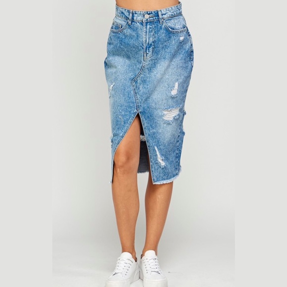 Medium Wash Long Distressed High Waisted Midi Denim Skirt - Picture 3 of 6